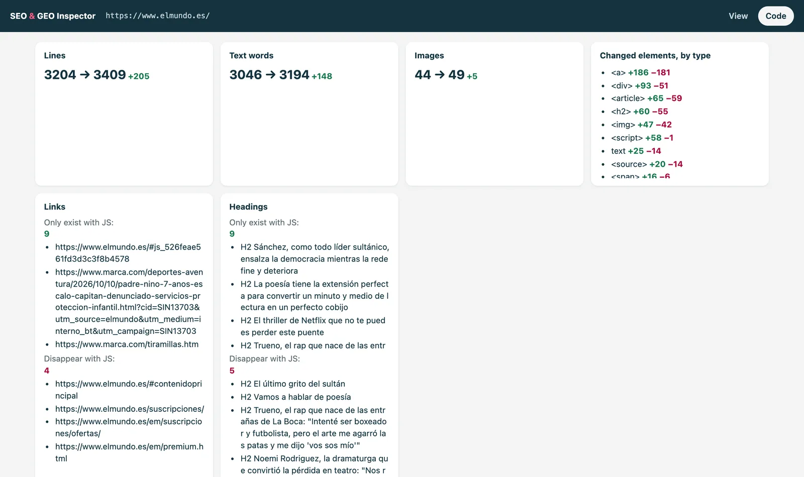 Summary and code diff for elmundo.es: links and headings that only exist with JavaScript