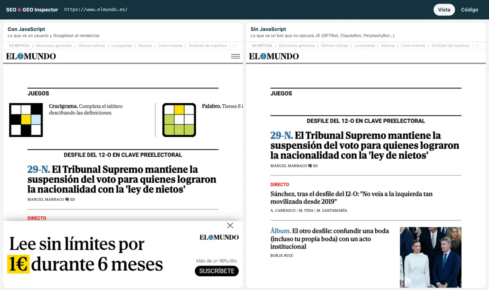 Comparativa de elmundo.es con JavaScript a la izquierda y sin JavaScript a la derecha