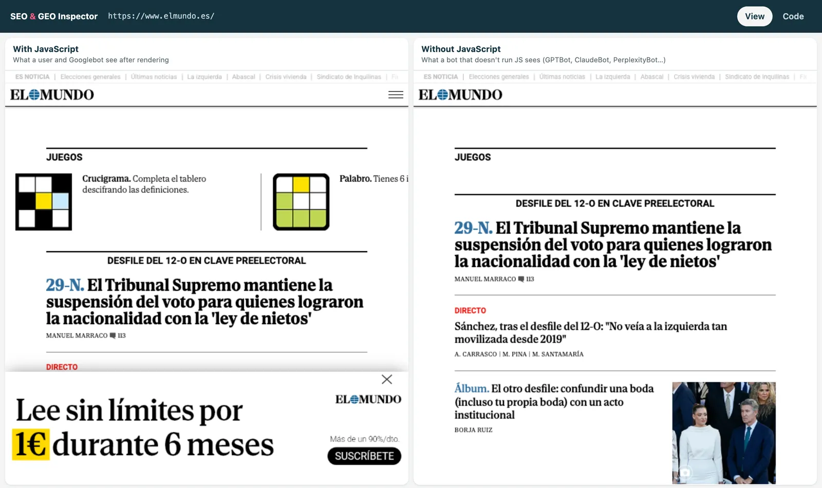 elmundo.es with JavaScript on the left and without JavaScript on the right