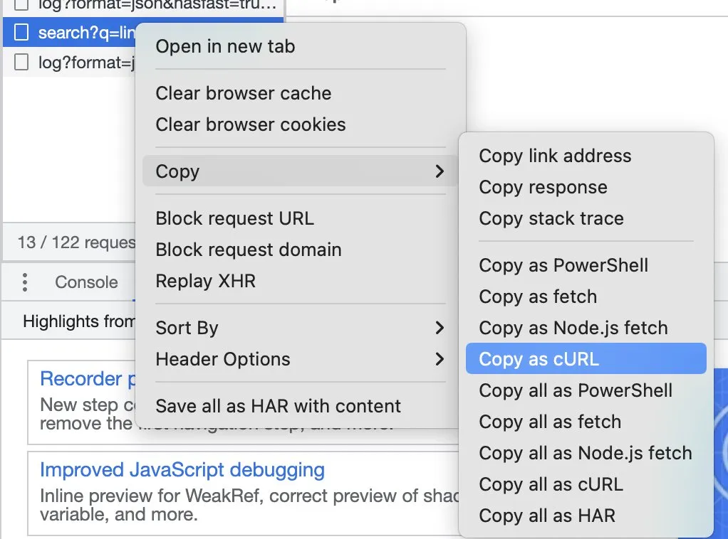 Copy as cURL desde Dev Tools