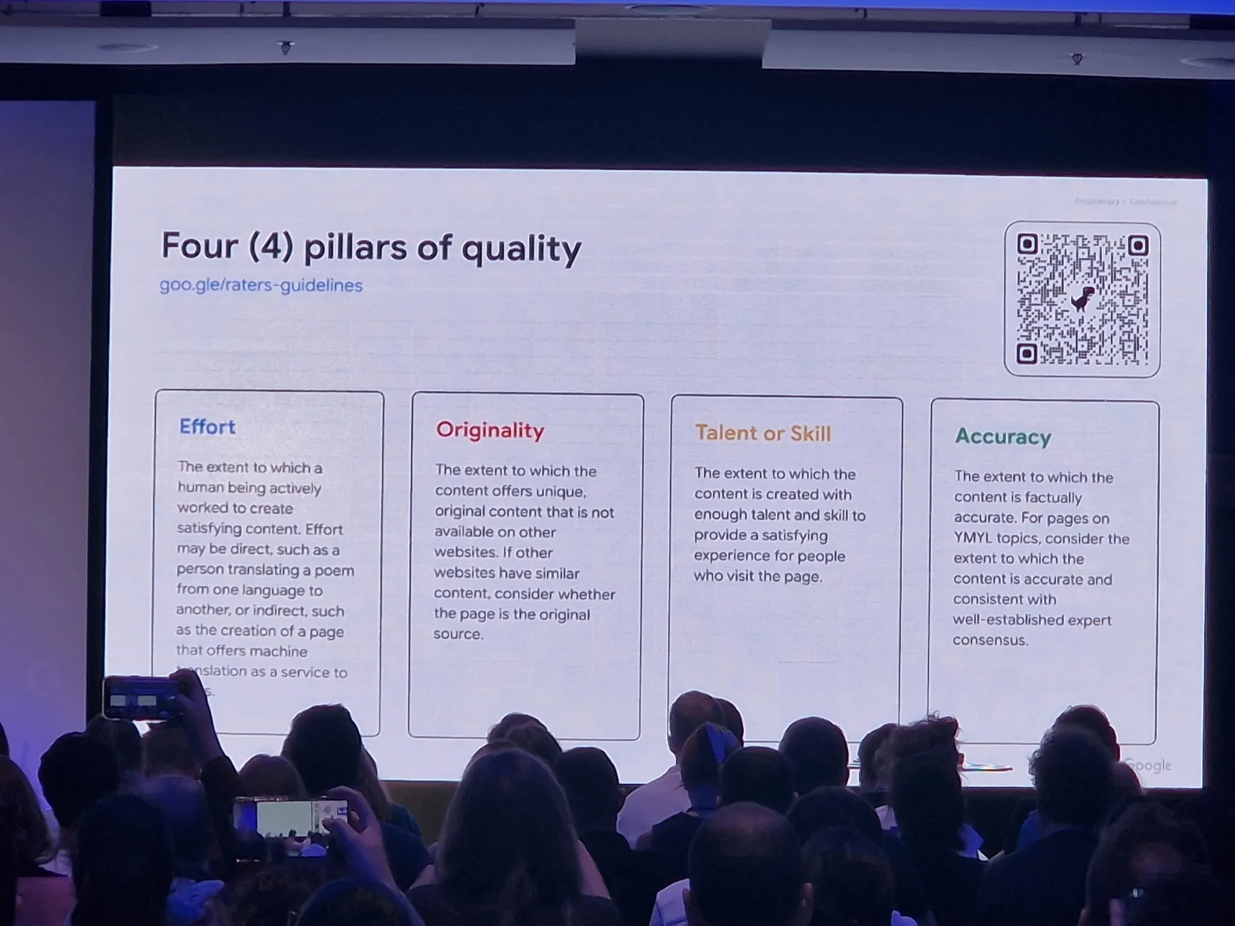 Slide "Four (4) pillars of quality": Effort, Originality, Talent or Skill y Accuracy