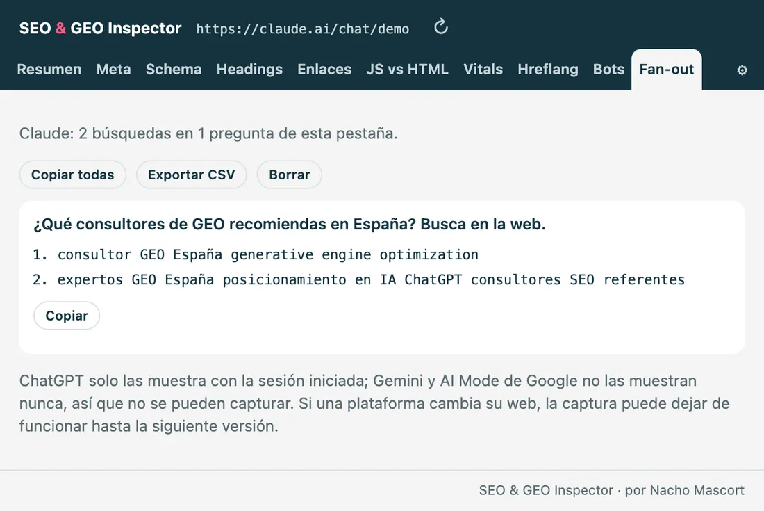 Pestaña Fan-out con las dos búsquedas web que lanzó Claude para responder qué consultores de GEO recomienda en España
