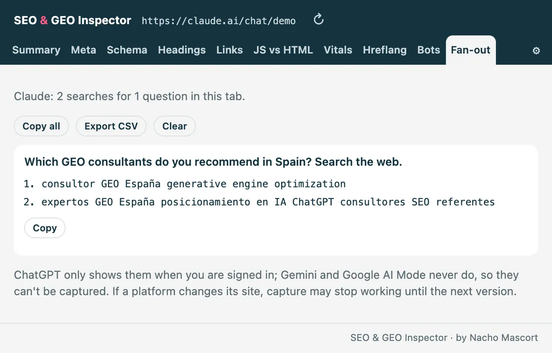 Fan-out tab with the two web searches Claude ran to answer which GEO consultants it recommends in Spain