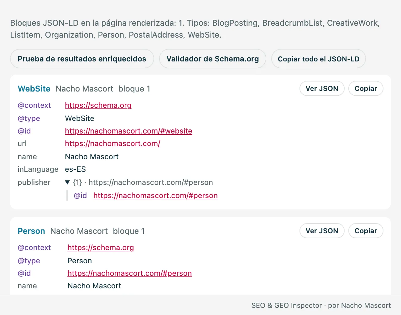 Entidades JSON-LD en árbol