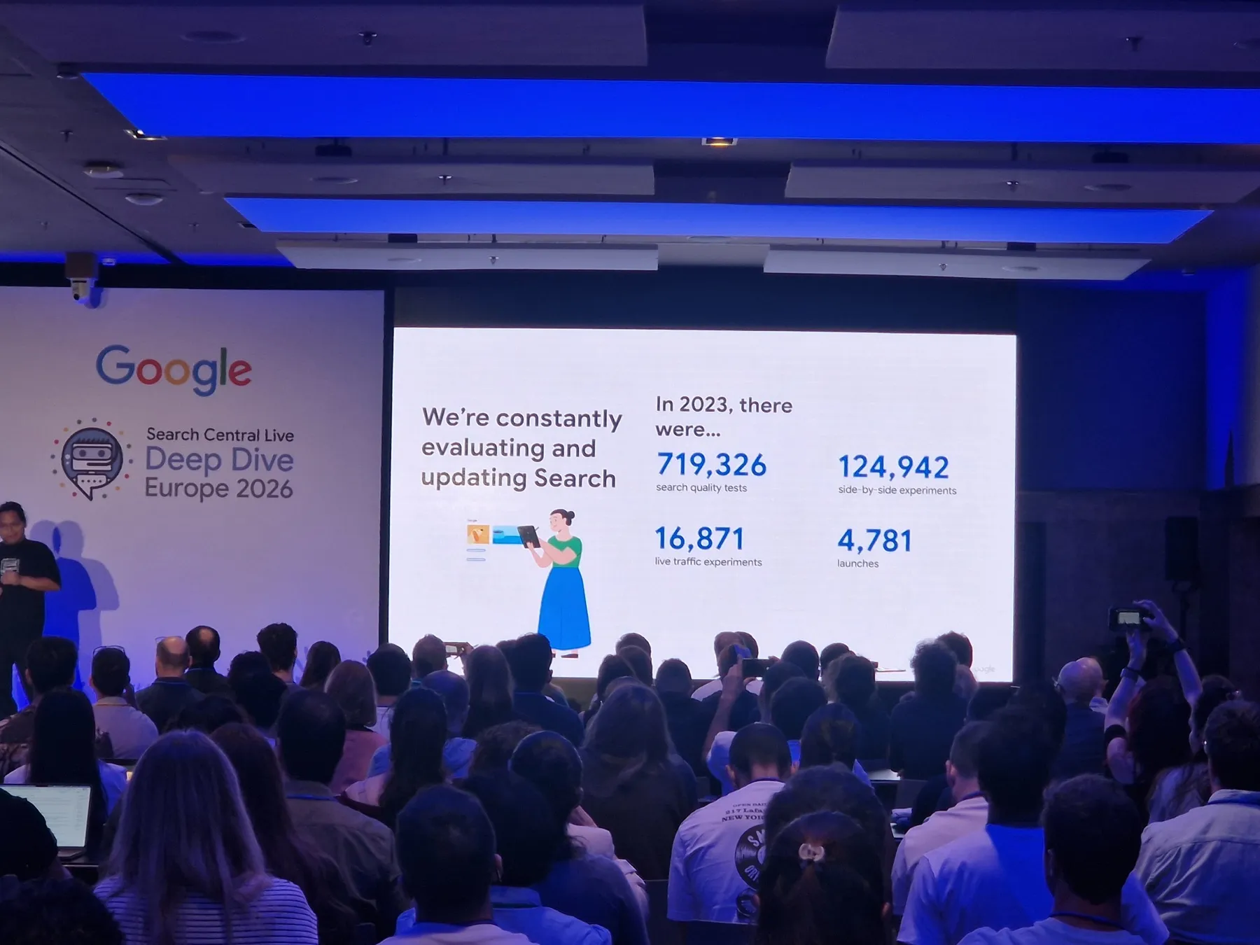 Slide con datos de 2023: 719.326 search quality tests, 124.942 side-by-side experiments, 16.871 live traffic experiments y 4.781 launches