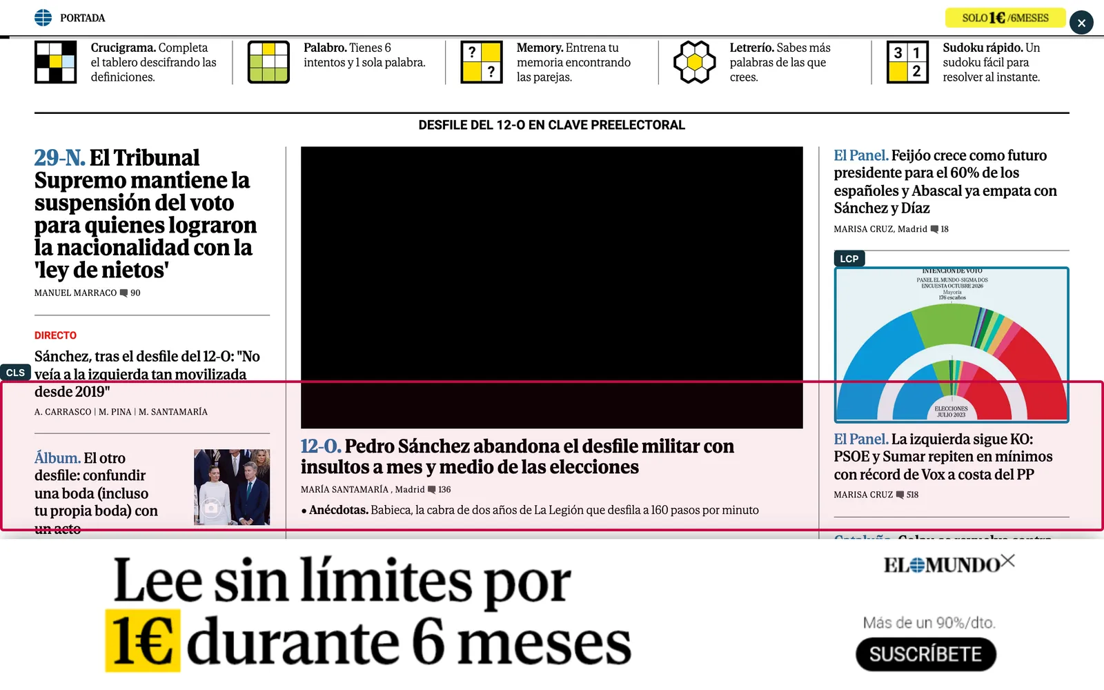 Página de elmundo.es con el elemento del LCP y el bloque que causa el CLS recuadrados